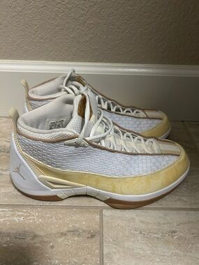 Jordan White and Gold Woven High-Top Sneakers